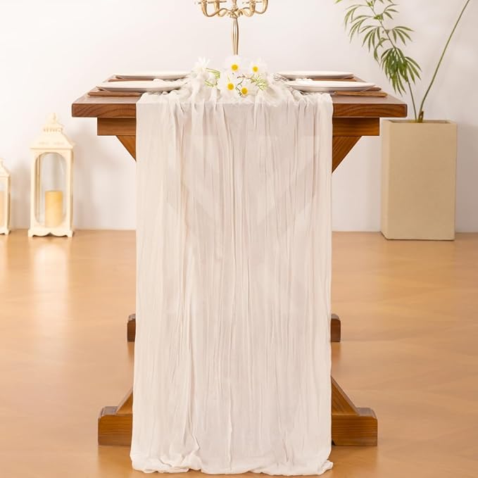 Cheesecloth Table Runner Summer Boho Wedding Birthday Party Home Decor | Ivory - Image 4