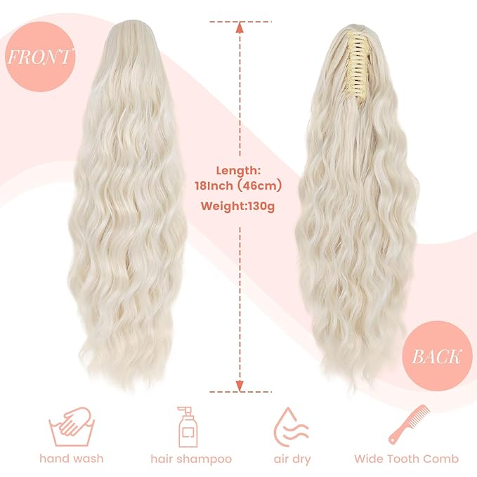 Claw Clip Ponytail Extension for Women 18 Inch Wavy Curly Fake Ponytail Clip in Hair Pieces Shoulder Length Fluffy Natural Synthetic Hairpiece for Daily Use (Light Blonde)