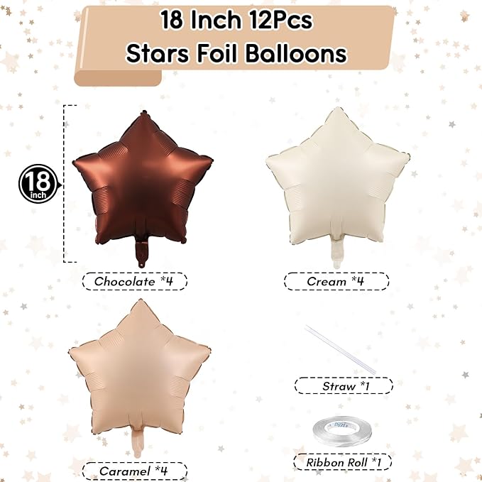 Cream Star Foil Balloons, 18 Inch Brown Beige Netural Stars Shape Balloons 12 - Image 2