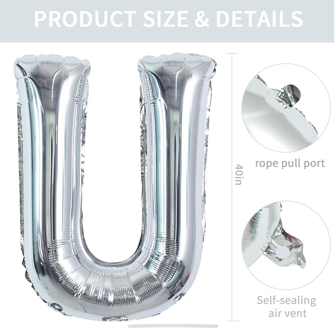 TONIFUL 40 Inch Large Silver Letter U Foil Balloons Alphabet Balloons | Giant - Image 2