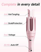 3 in 1 Automatic Curling Iron, Hair Curlers with 3 Curling Barrels (1" - 1.25" - 1.5"), Rotating Curling Iron with 3 Temp, 2-Way Rotation, 10S Fast Heating, Anti-Scald, Dual Voltage, Pink
