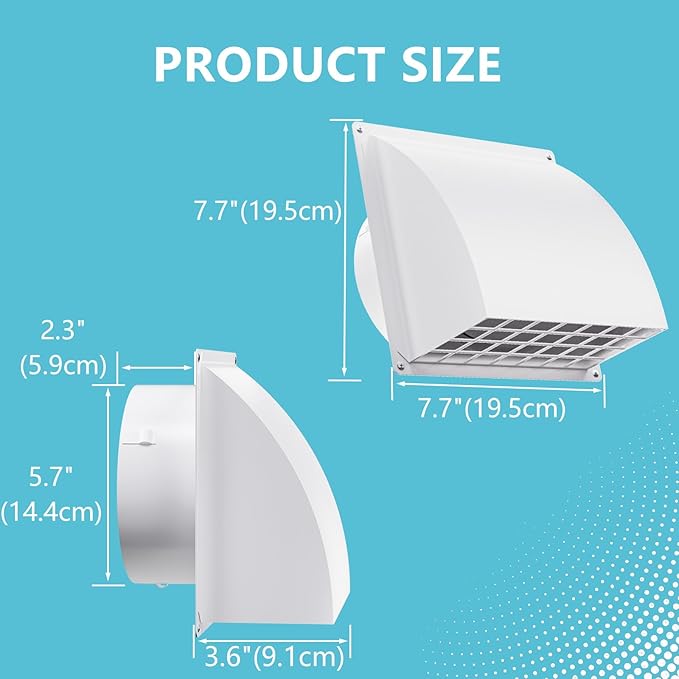 6 Inch Exhaust Vent Cover, HG Power Metal Dryer Vent Cover Outside with Removable Screen & Cushioned Non Return Flap, Air Wall Vent for House, AC, Opening Diameter: 5.7" (White)