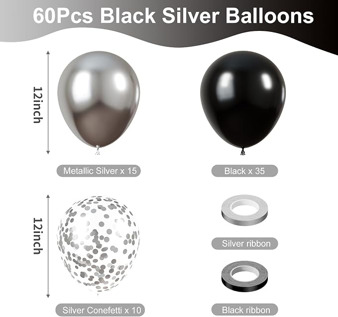 KBZVNAF Black and Silver Latex Balloons 60 Pack 12 inch | Black Metallic Silver - Image 2