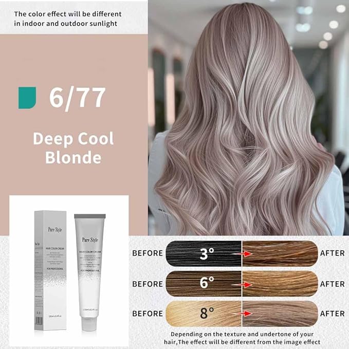 PureStyle 100ml Professional Permanent Hair Color Dye Cream Ammonia Free, Long Lasting Deep Cool Ash Blonde Color, 100% Gray Coverage, Natural Shine, For All Hair Types Easy At Home Application