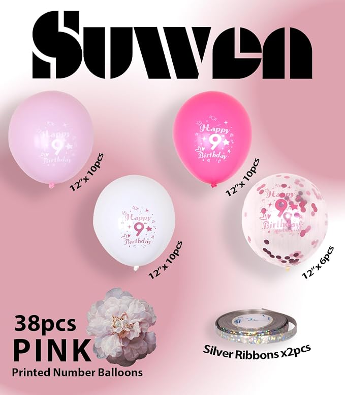 SUWEN Pink 9th Number Printed Balloons 38PCS 12 Inch | 1-9 Latex Balloons Happy - Image 4