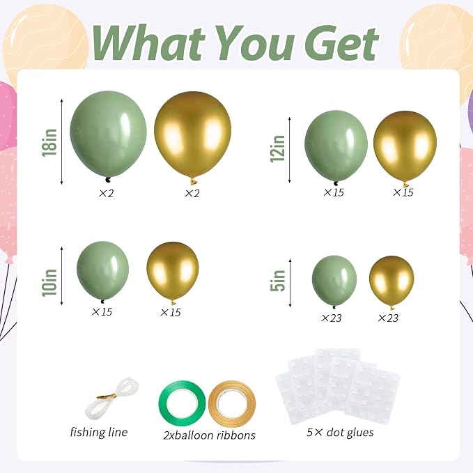 110pcs Sage Green and Metallic Balloons Garland Arch Kit, 18/12/10/5 Inch | - Image 3