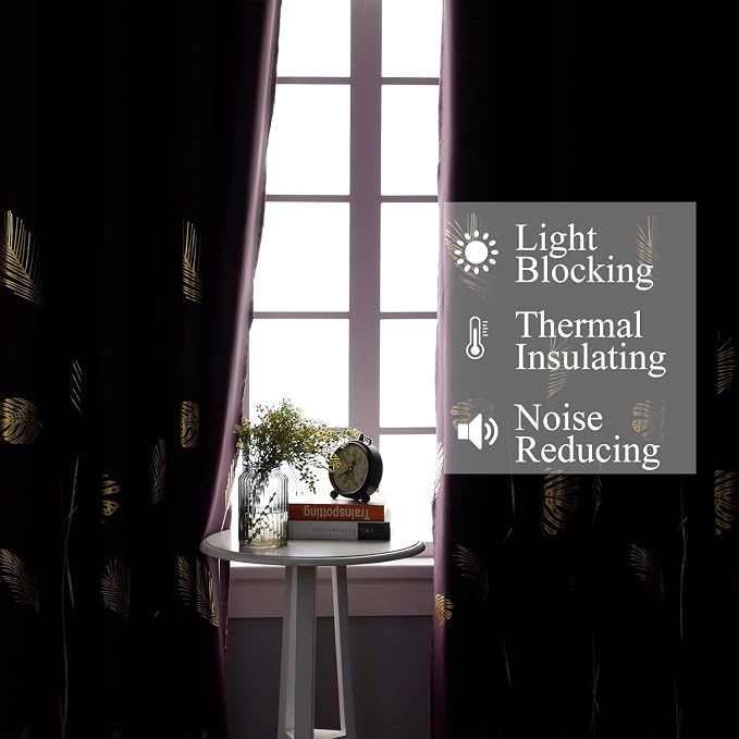 Purple Blackout Curtains for Bedroom, Room Darkening Gold Palm Tree Pattern - Image 6