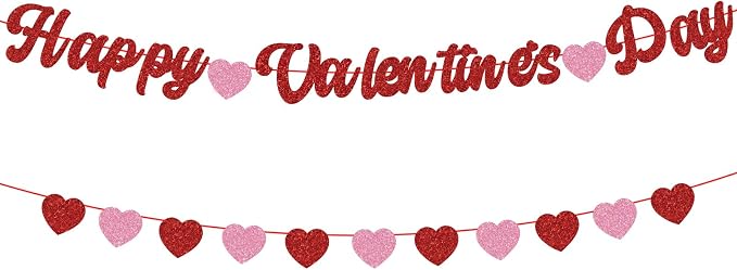 Happy Valentines Day Banner Glitter Valentines Banner Red Pink Heart Garland by Adecortalk