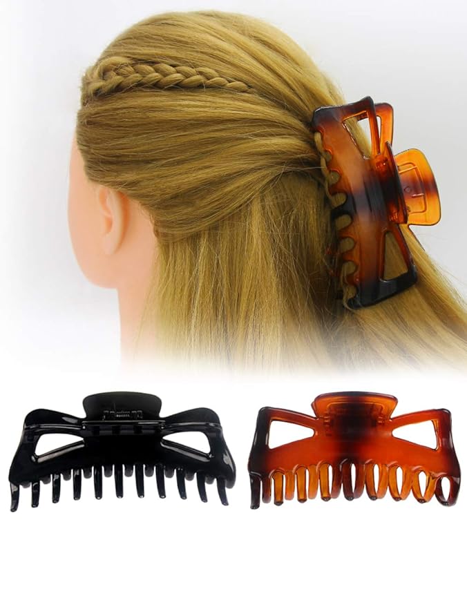 Large Hair Claw Clips for Long Thick Hair Women 5 Inches Big Plastic Claw Clamps 2pcs In Set Hair Accessories Clips (Butterfly-Black+Amber)