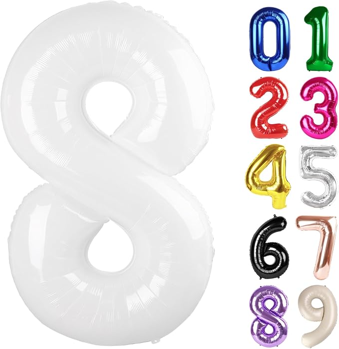 8 Balloon - White Birthday Number Balloons, 40 Inch Decorations Men Women | by ALPHADELTAPI