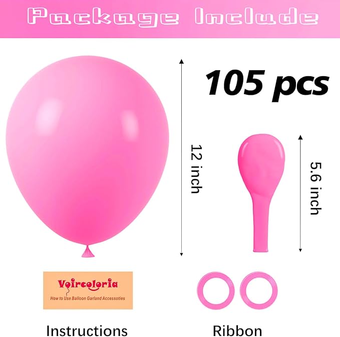 Voircoloria 105pcs Pink Party Latex Balloons, 12inch | - Image 2