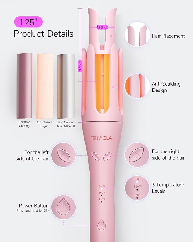 Automatic Curling Iron,1 1/4 Hair Curler with 3 Temperatures, 10S Fast Heating, 2-Way Rotation, 30 Min Auto Shut-Off, 500 Million Ionic, Anti-Scald-Tangle for Long Hair