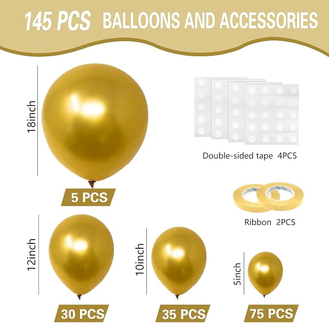 Metallic Gold Balloons 145pcs Different Sizes 5in 10in 12in 18in Chrome Gold - Image 2