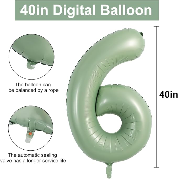 TONIFUL 40 Inch Sage Green Large Number 6 Balloon - Image 2