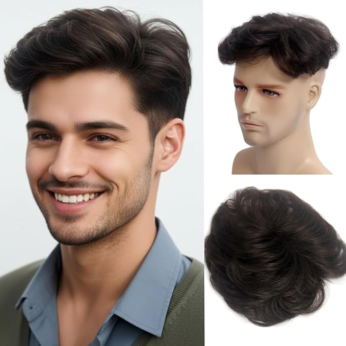 H&Bwig toupee for men,Men Short Toppers Hairpiece with toupee tape,Clips in Hair Extensions for Covering White Loss Hair, Glueless (Dark Brown)