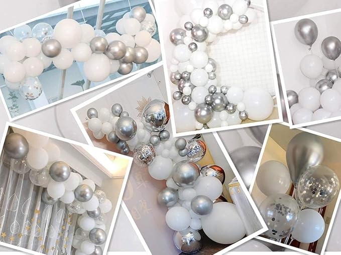 White and Silver Balloons Garland Arch Kit 5"10 Inch 12" White Silver Metallic - Image 6