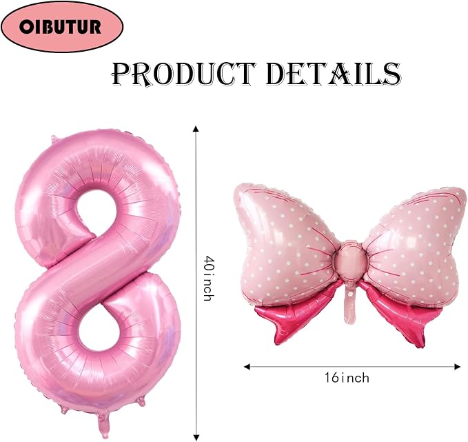 40 inch Number 8 Balloon with Bow Pink Happy Birthday Jumbo Number Balloon - Image 2