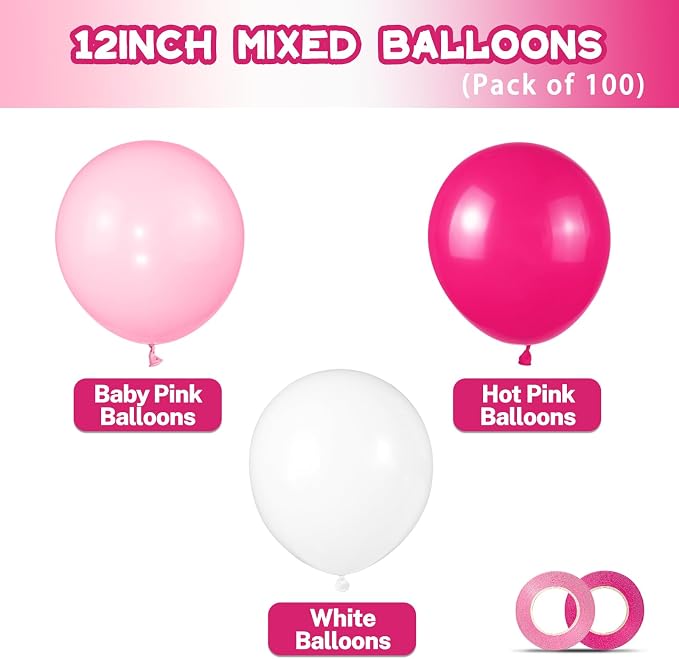 Pink White Balloons 100pcs 12 inch Hot Pink Pastel Pink White Balloons - Image 2