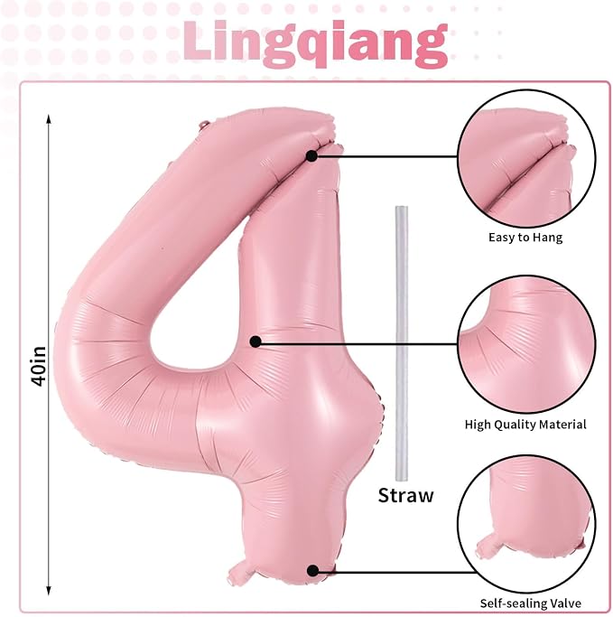 40 Inch Pastel Pink Foil Balloon Number 4, Large Self Inflating Light Pink - Image 2