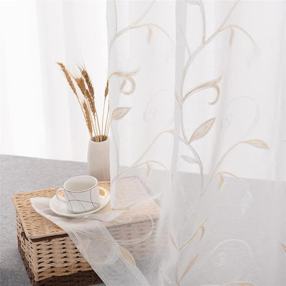 White Sheer Curtains Beige Embroidered Leaves 2 Panels 54Wx108L | Light - Image 2