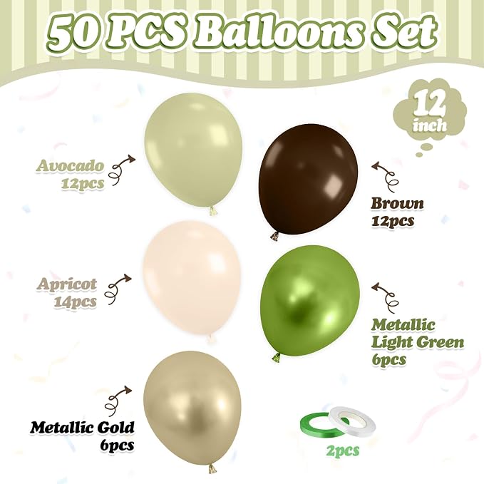 FunHot Sage Green Brown Balloons, Metallic Green Apricot Latex Balloon - Image 2