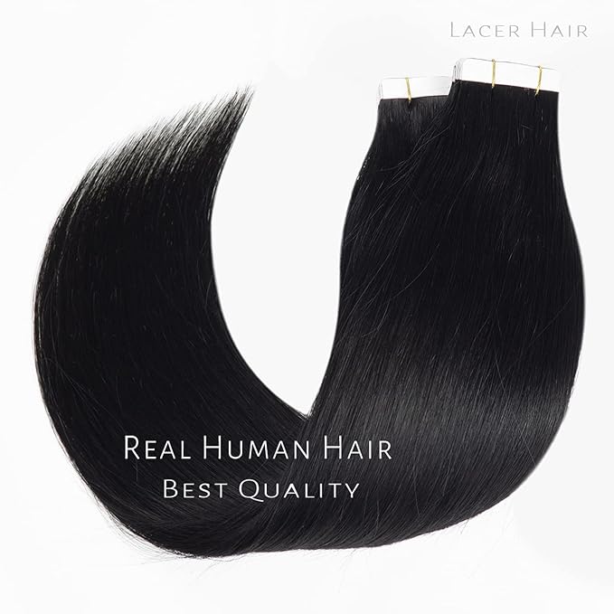 Lacer Tape in Hair Extensions Human Hair 20 Inch Double Sided Skin Weft Hair Extensions Tape in 20Pcs 50Gram Seamless Color 1 Jet Black