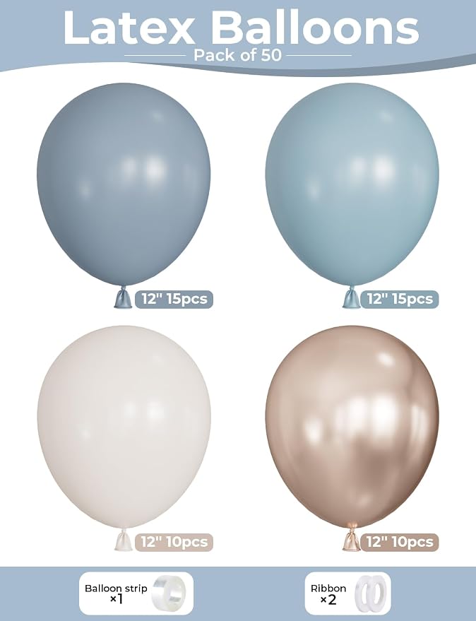 Dusty Blue and Gold Balloons, Baby Blue White Champagne Gold Balloon | 50 Pcs - Image 4