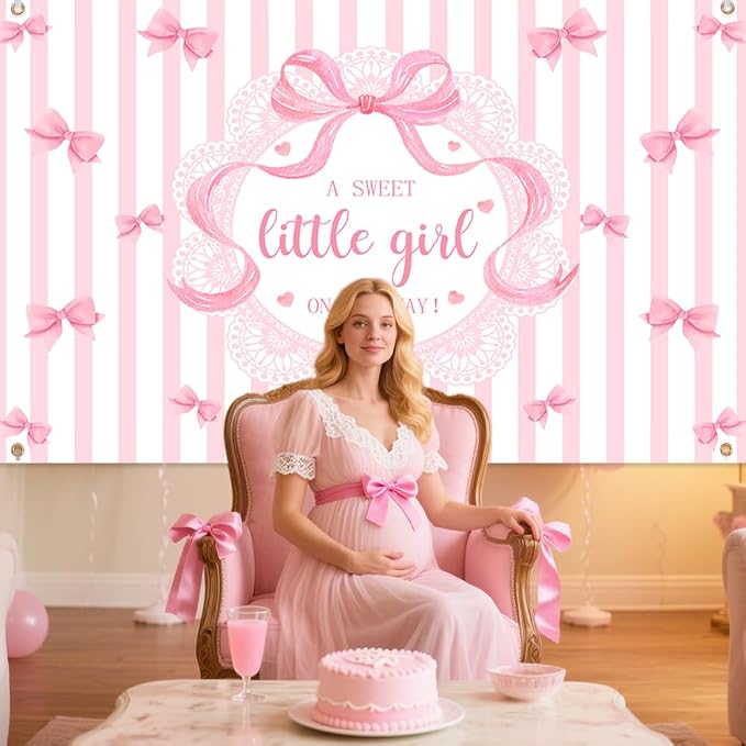 AIBIIN A Sweet Little Girl is on The Way Photography Background | Pink Bow - Image 4