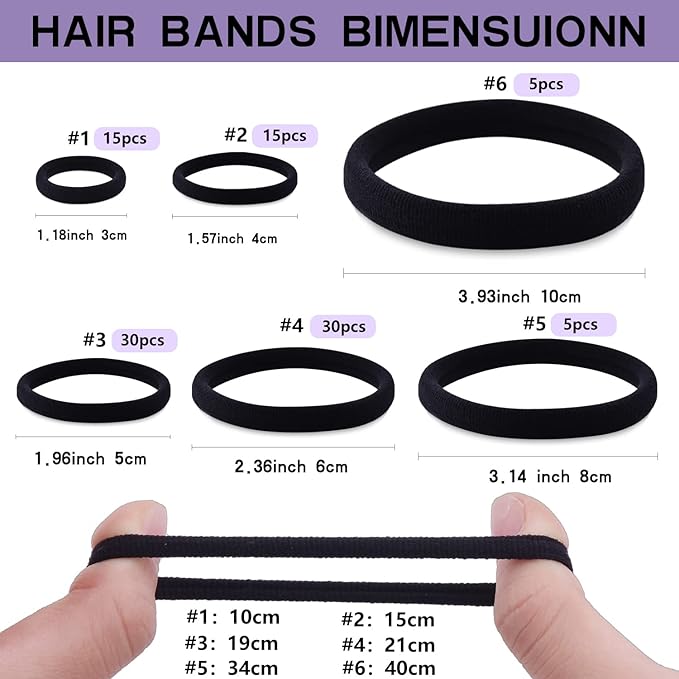 100PCS Various Sizes Black Hair Ties for Women,Elastics Hair Ties No Damage Ponytail Holder for Thick/Thin Hair Accessories,Soft Cotton Cloth Seamless Hair Bands