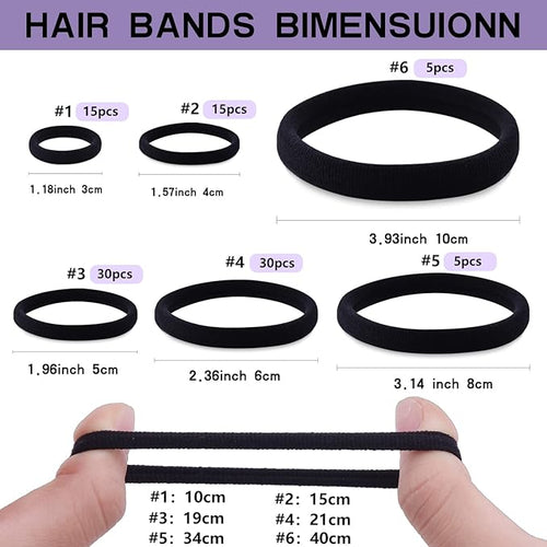 100PCS Various Sizes Black Hair Ties for Women,Elastics Hair Ties No Damage Ponytail Holder for Thick/Thin Hair Accessories,Soft Cotton Cloth Seamless Hair Bands