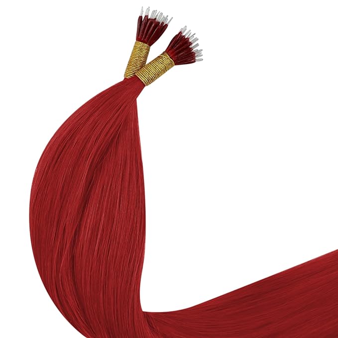 YoungSee Nano Ring Hair Extensions Human Hair Red Nano Bead Hair Extensions Colored Nano-Link Extension Nano-Loop Extension Red Remy Short Straight Hair for DTY Your Hairstyle