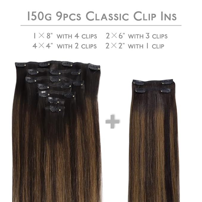 WENNALIFE Clip in Hair Extensions, 150g 20 Inch 9pcs Balayage Dark Brown to Chestnut Brown Remy Hair Thicker Double Weft Extensiones De Cabello Humano Con Clip Ins Straight Full Volume