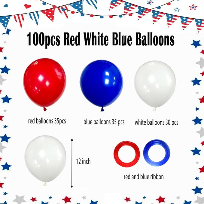 100Pcs Red White and Blue Balloons, 12 Inch 4th of July Balloons Red Blue White - Image 7