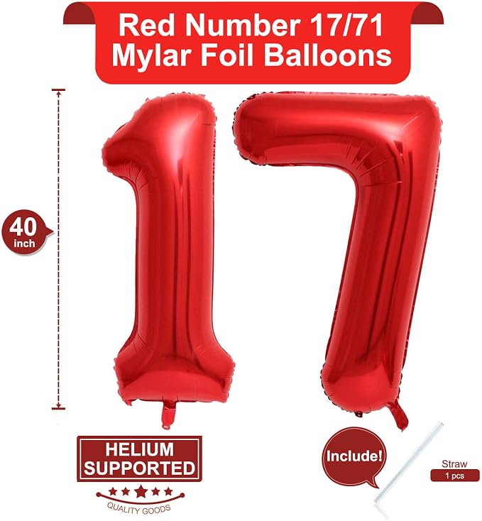 40 Inch Red 17 Number Balloons Giant 17 Balloons Red Birthday 17 Balloons 17th - Image 2