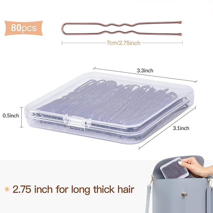 Hair Pins for Women, IKOCO 80pcs 2.75inch U Shaped Hair Pins with Storage Box, Brown