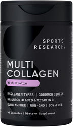 Sports Research® Biotin-Infused Collagen Peptides Complex with Hyaluronic Acid – 5 Multi Collagen Types for Hair, Skin & Joint Support* - Gluten Free · Non-GMO · 90 Capsules