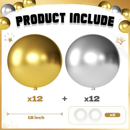 Gold and Silver Balloons 18 Inch 24 Pack Matte Helium Latex Round Balloons - Image 2