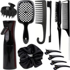12 Pcs Hair Styling Brush Set with Detangler, Teasing, Rat Tail, Edge Brushes and Baby Hair Brushes - Soft Bristles for Baby Girls and Women (Black)