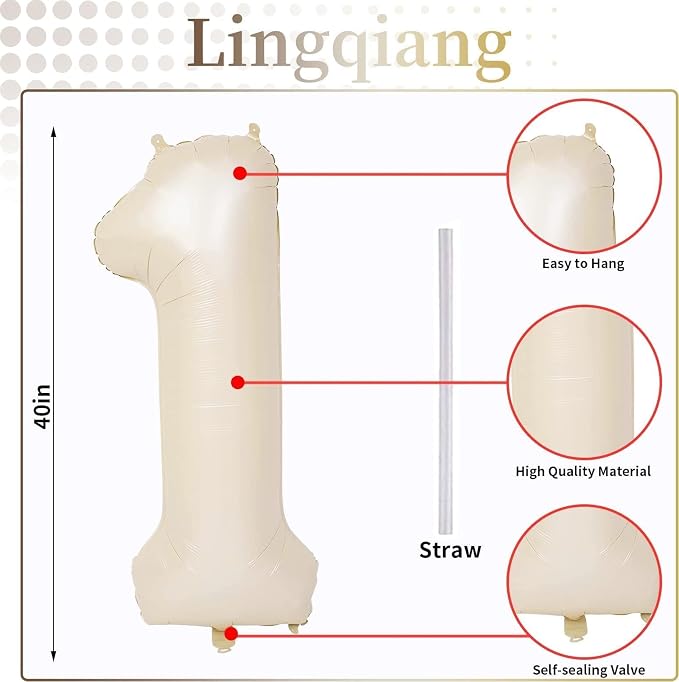 40 Inch Beige Number 1 Balloon for 1st Birthday Decoration, Large Self - Image 2