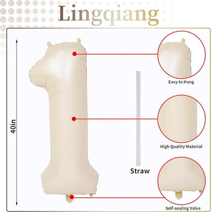 40 Inch Beige Number 1 Balloon for 1st Birthday Decoration, Large Self - Image 2