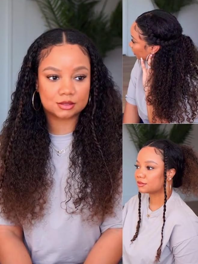 YIROO EasiContour V Part Ombre Brown Human Hair Wig Curly 12A Glueless Upgrade U Part Wig Ombre Black to Chestnut Brown No Leave Out V Shape Clip Wigs Ready to Go 150% Density Beginner Friendly 26Inch