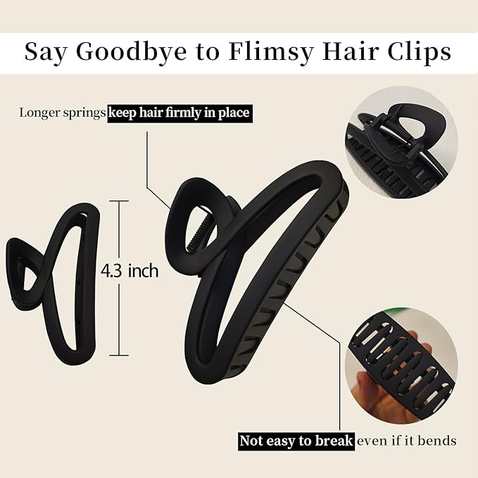 Large Hair Claw Clips, 4.3 Inch Non-Slip Big Unbreakable Hair Clip Matte Hair Claws for Women Long Thick Curly Hair, 2 Pack