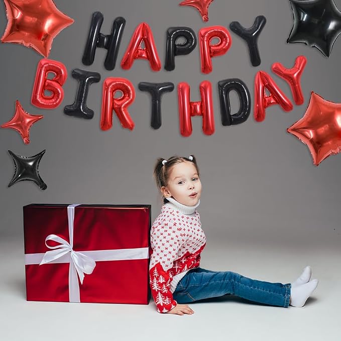 TONIFUL 35PCS 16 Inch Black Red Happy Birthday Balloon Black Red Happy Birthday - Image 4
