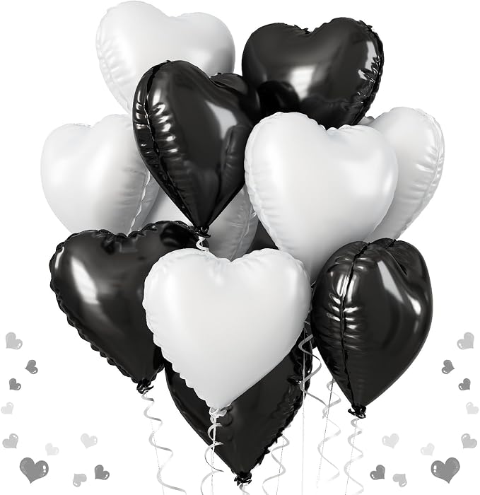 Black White Heart Balloons, 18 Inch Large Matt Black and White Heart Shape Foil by TAOYE