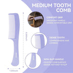 RHOS Hair Comb Set for All Hair Types and Genders - Wide, Fine Rat Tail, and Medium Detangling Combs for Styling (Purple)