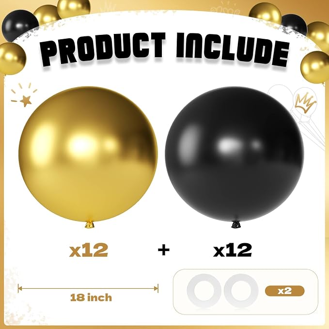 Black and Gold Balloons 18 Inch 24 Pack Matte Helium Latex Round Balloons - Image 2
