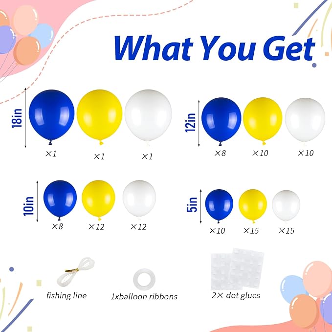 103pcs Blue and Yellow Balloon Garland Arch Kit, 18/12/10/5 Inch White Royal - Image 2