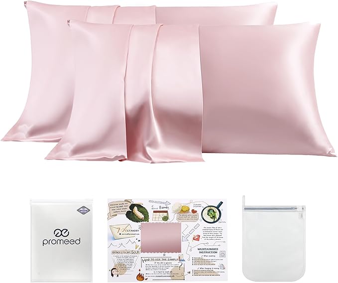 PROMEED 100% Silk Pillowcase Set of 2 with Hidden Zipper, 23 Momme 3rd Gen Grade 6A+ Mulberry Silk Pillow Case 2 Pack for Hair and Skin, Soft and Breathable (King 20"x36", Pink)