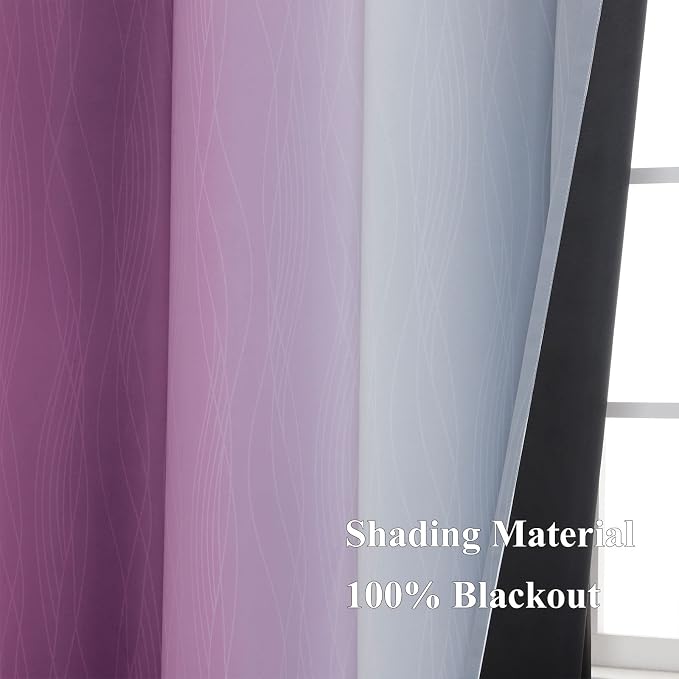 Purple and Grey Blackout Curtains 45 Inches Long, Ombre and Wavy Line Pattern - Image 5