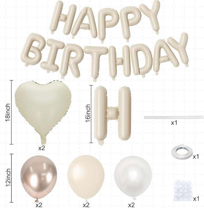 Happy Birthday Balloon Banner Cream, 16 Inch Beige Mylar Letters Heart Foil - Image 4